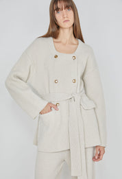 Bulky Double-breasted Knitted Jacket In Cream Beige