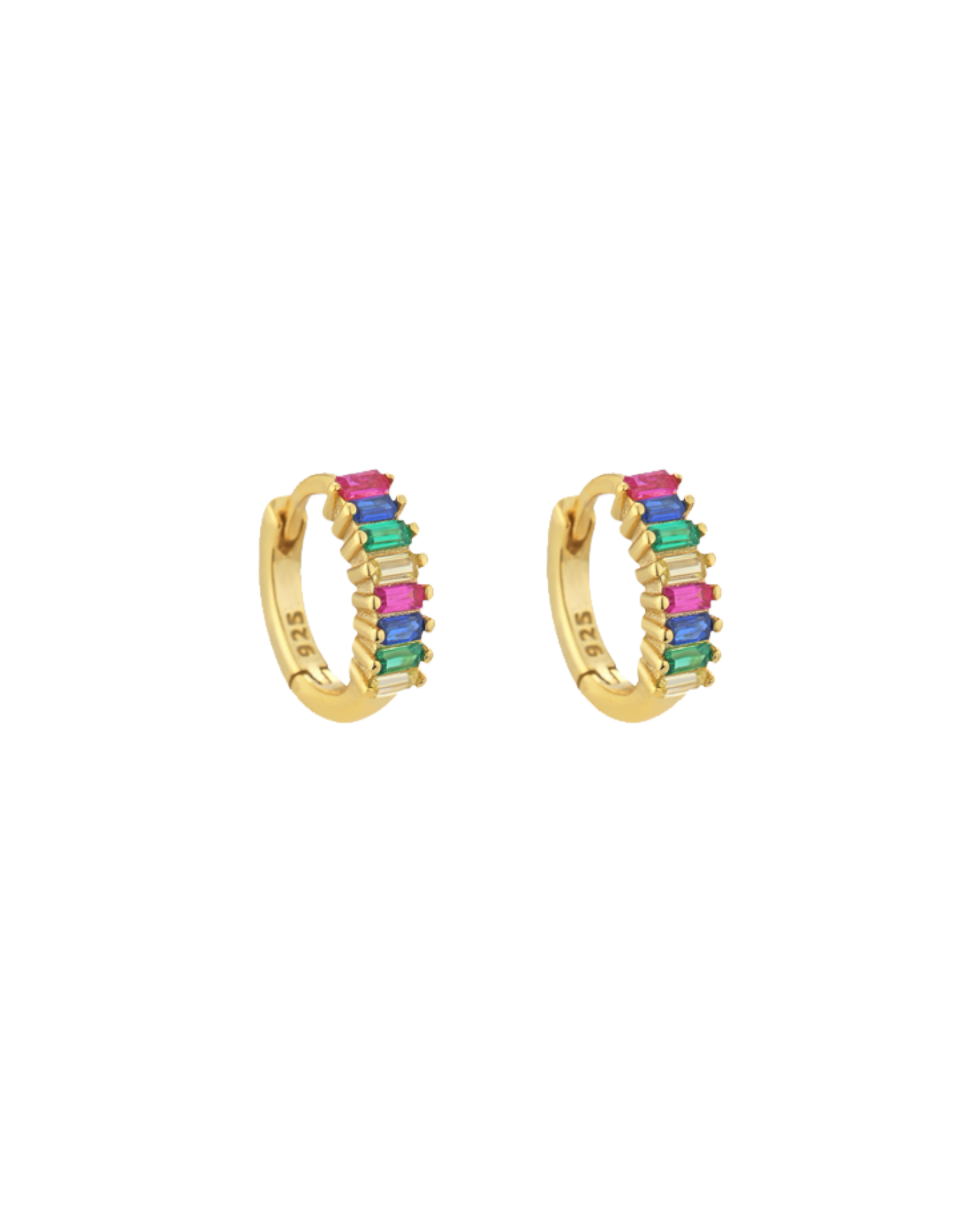 Rainbow Pave Baguette Cubic Zirconia Huggies Hoop Earrings