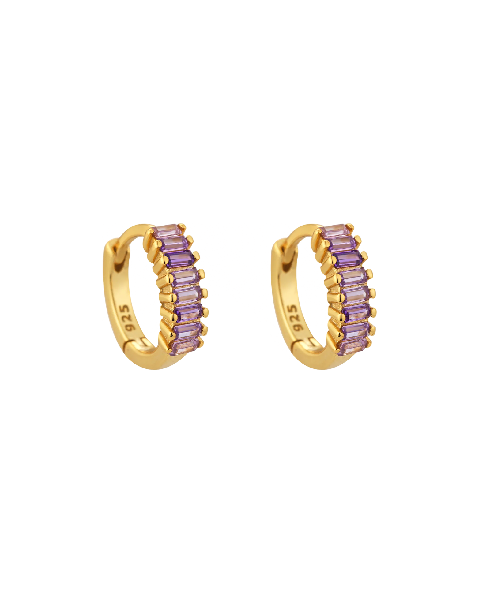 Amethyst Purple Pave Baguette Cubic Zirconia Huggies Hoop Earrings
