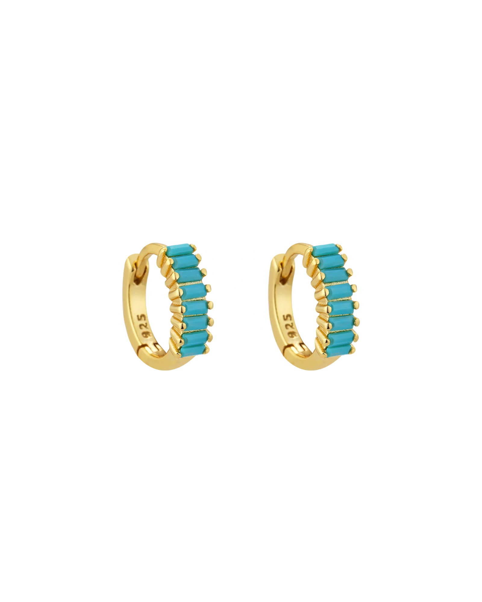 Turquoise Pave Baguette Cubic Zirconia Huggies Hoop Earrings