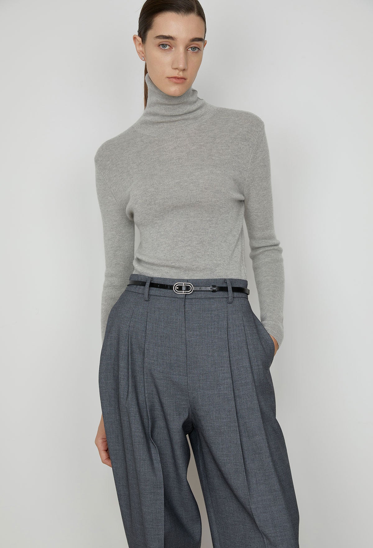 Essential Wool Turtleneck Knitted Top In Melange Gray