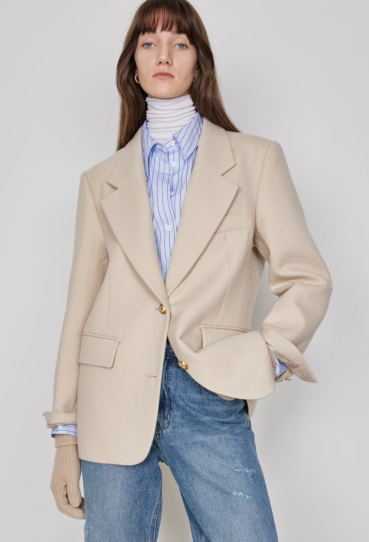 Gold Button Jacket In Oat Beige