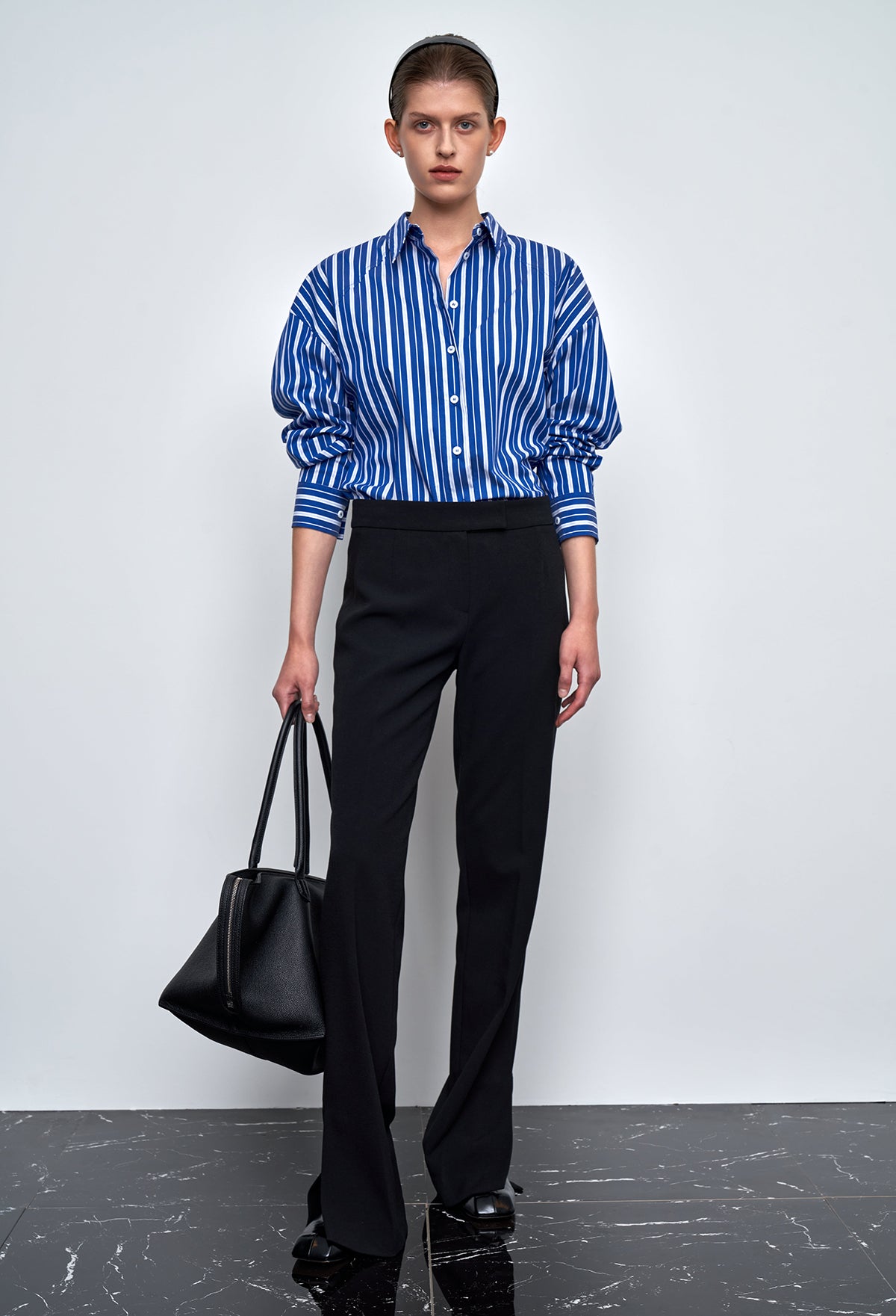 Voluminous-sleeve Striped Shirt In Deep Blue