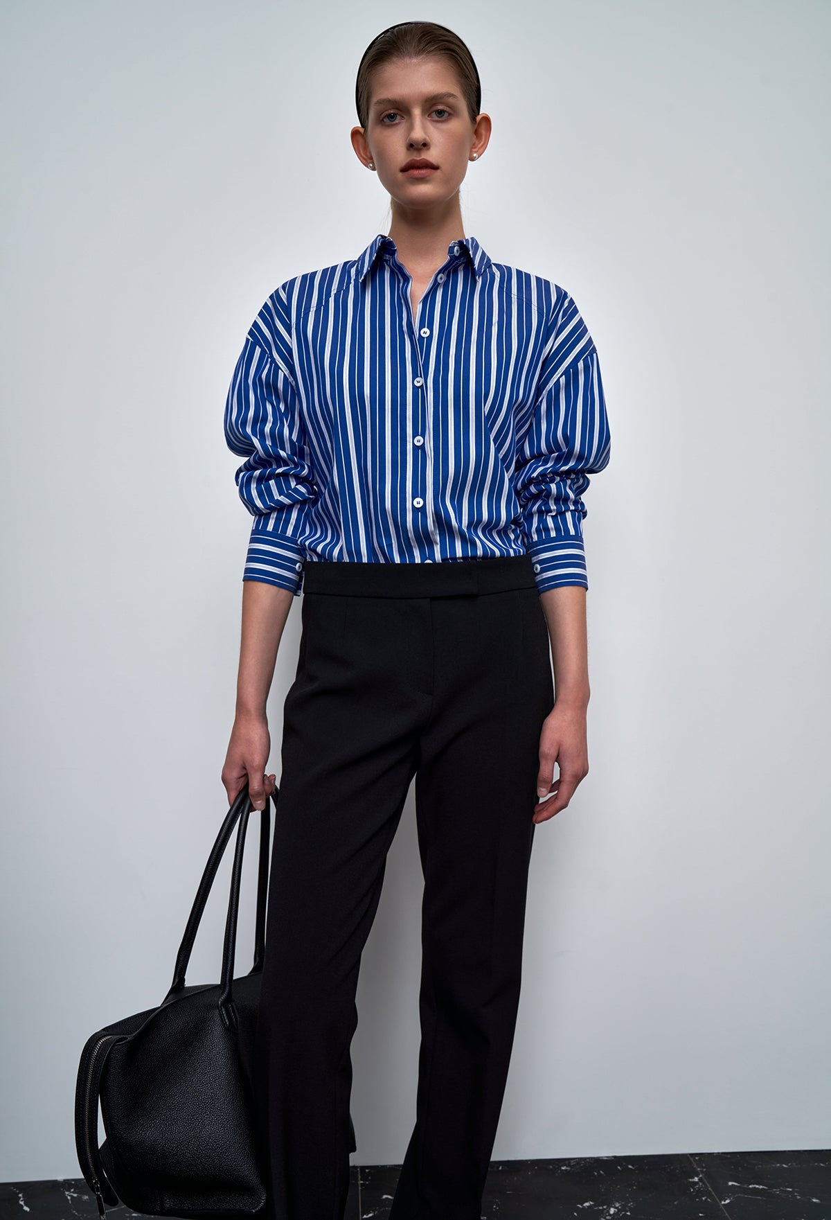 Voluminous-sleeve Striped Shirt In Deep Blue