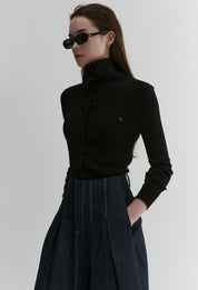 Sailor-collar Button Cardigan In Black