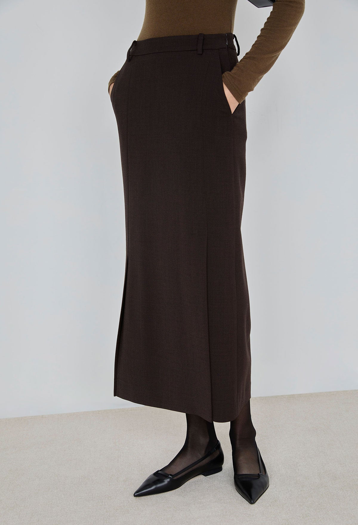 Side-Slit Maxi Skirt In Dark Brown