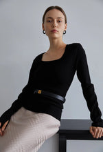 Square-neck Slit Knitted Top In Black